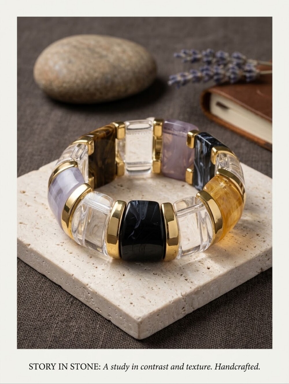 Multi-Resin & Clear Acrylic Multicolor Gold-Accent Stretch Bracelet Women's